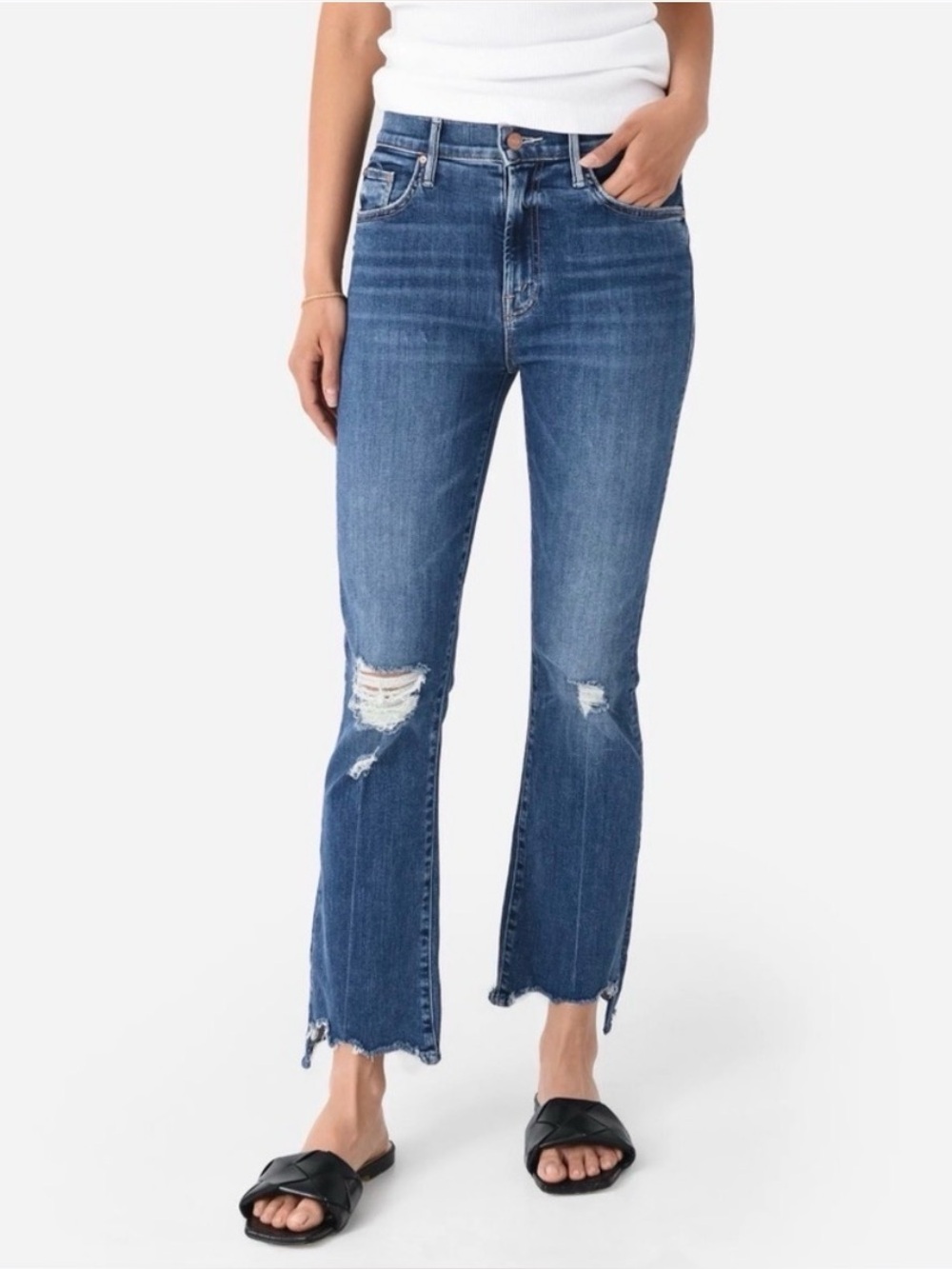 Mother The Insider Crop Step Chew Distressed Blue Jeans - Dancing On Coals